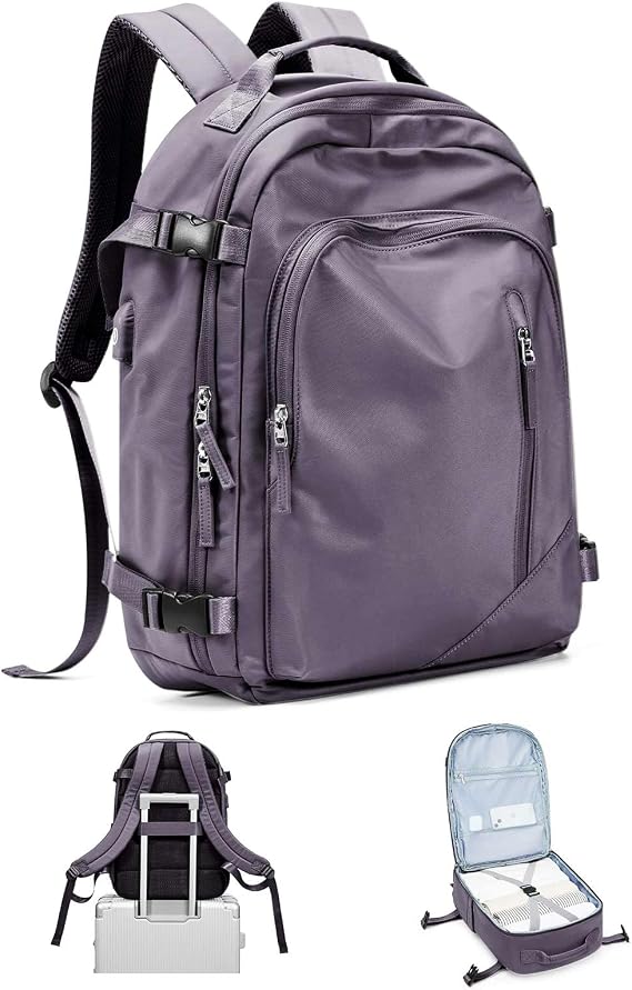 BJLFS Large Travel Backpack for Women Men,Carry On Backpack,Hiking Backpack Waterproof Outdoor Sports Rucksack Casual Work Gym Weekender Daypack Travel Essentials(simple, Purple)