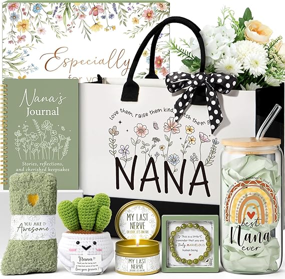 Best Mothers Day Grandma Gifts for Nana from Granddaughter Grandchildren Grandkids, Unique Nana Birthday Gifts for Grandma Gift Basket for Grandmother Gigi, New Granny Gift Set with Canvas Tote Bag